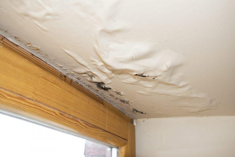 water damaged ceiling next to  window