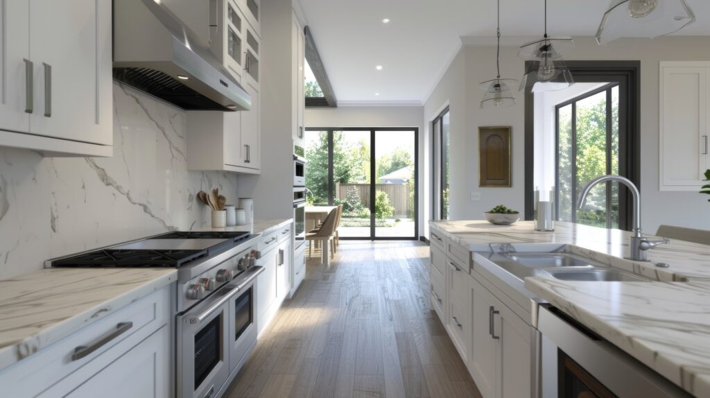 A contemporary kitchen with white cabinets, marble countertops