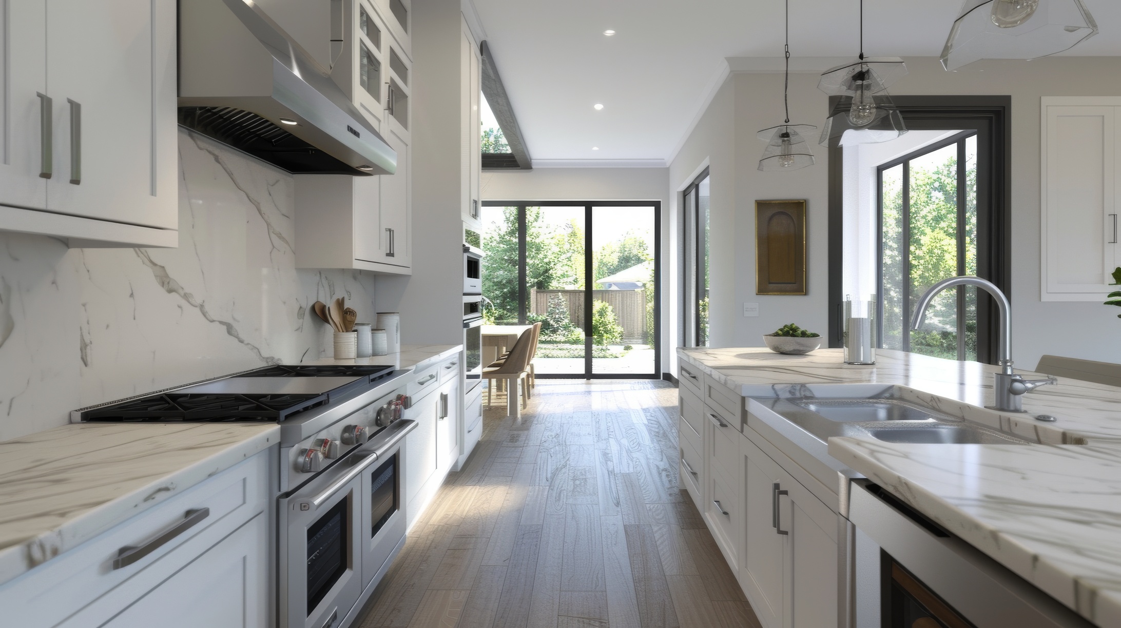 A contemporary kitchen with white cabinets, marble countertops